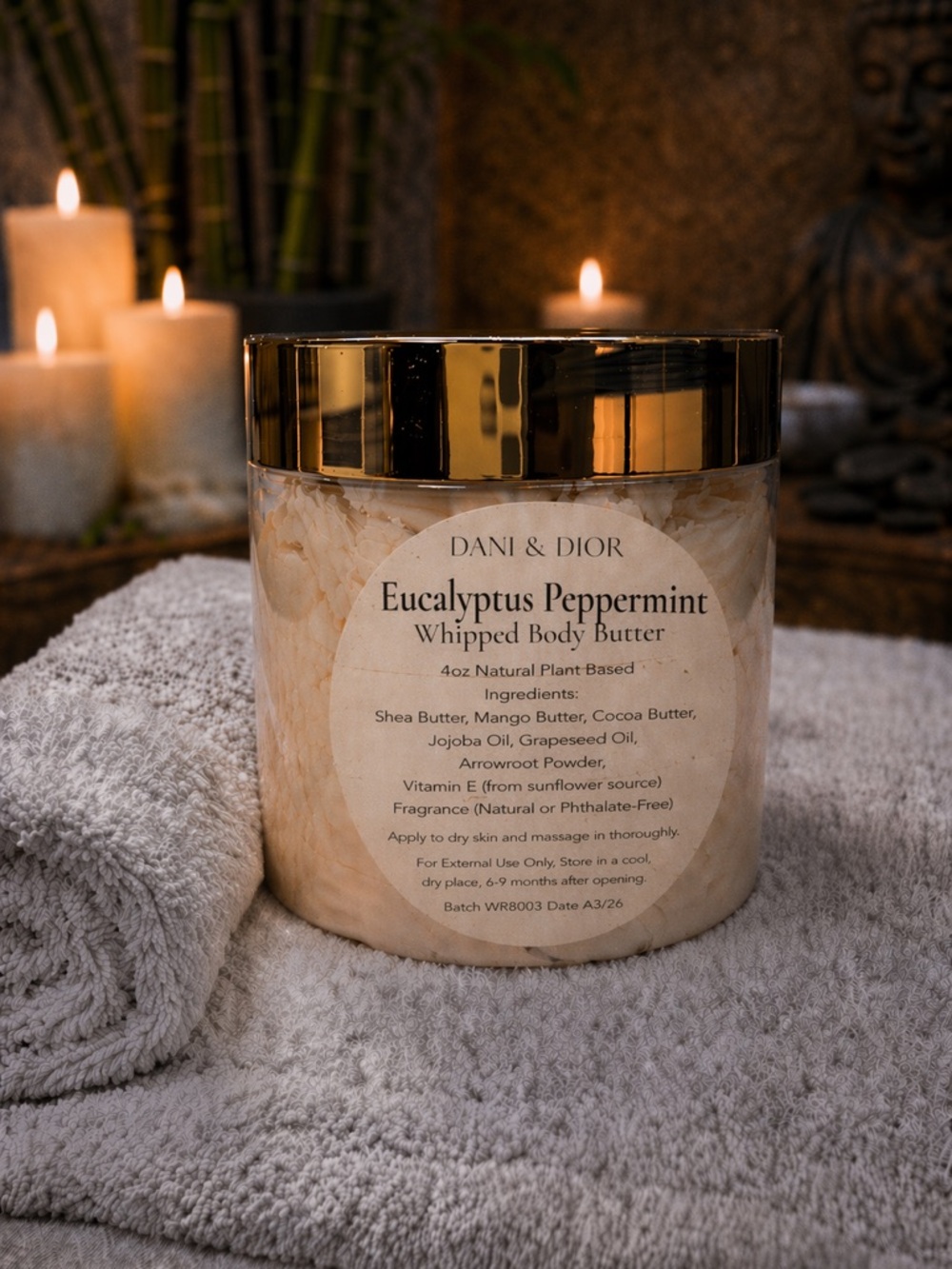 4oz Eucalyptus Peppermint Whipped Body Butter jar top gold black or white